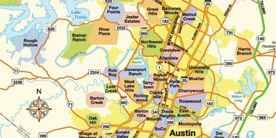 Kort í Austin, Texas svæði